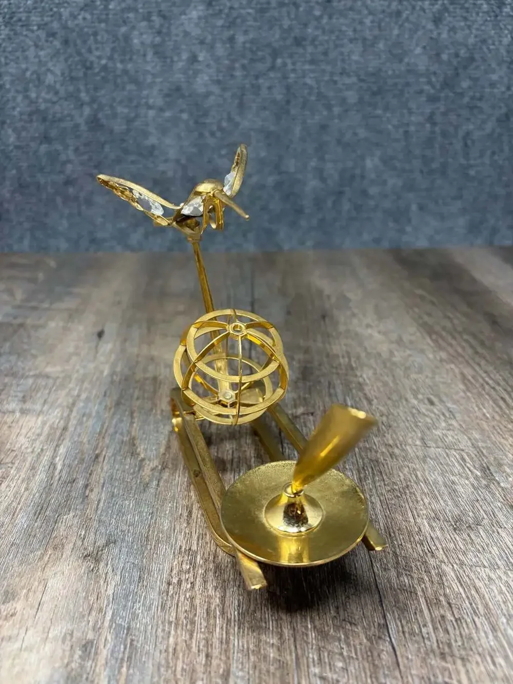 Vintage 5” Gold Colored Metal Pen Stand with Armillary Sphere and Crystal bird